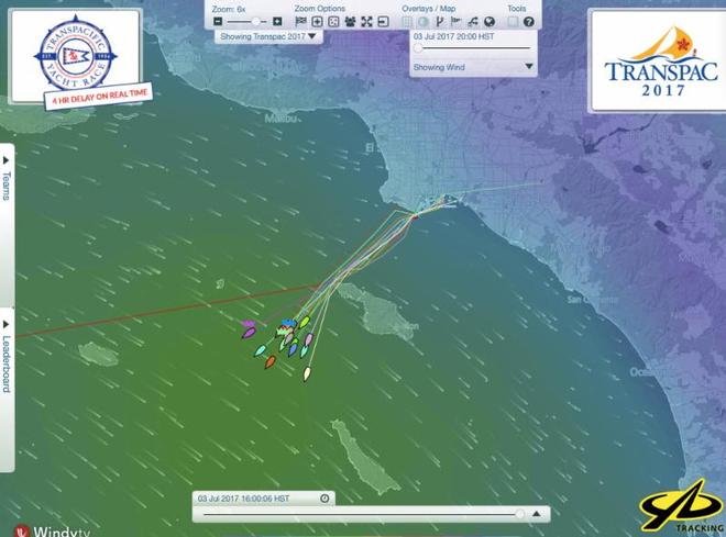 YB tracker data shows the fleet clear of Catalina in the first night of the race, with some committing early to their westward strategies © Transpacific Yacht Club